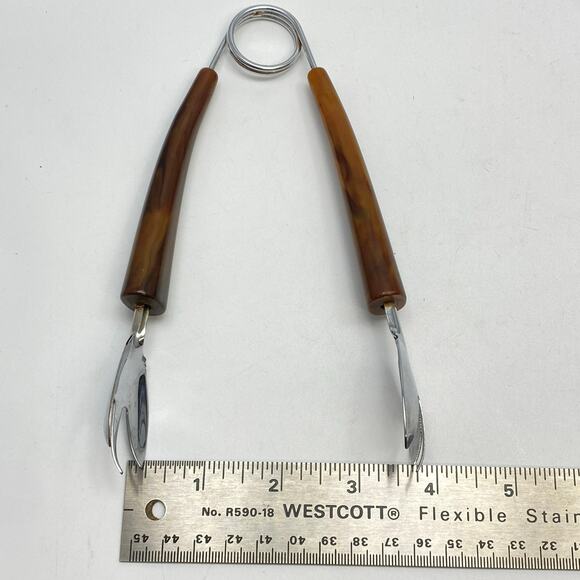 Vintage Faux Horn Butterscotch Handle Ice Olive Cherry Tongs MCM Barware Utensil - Picture 7 of 7